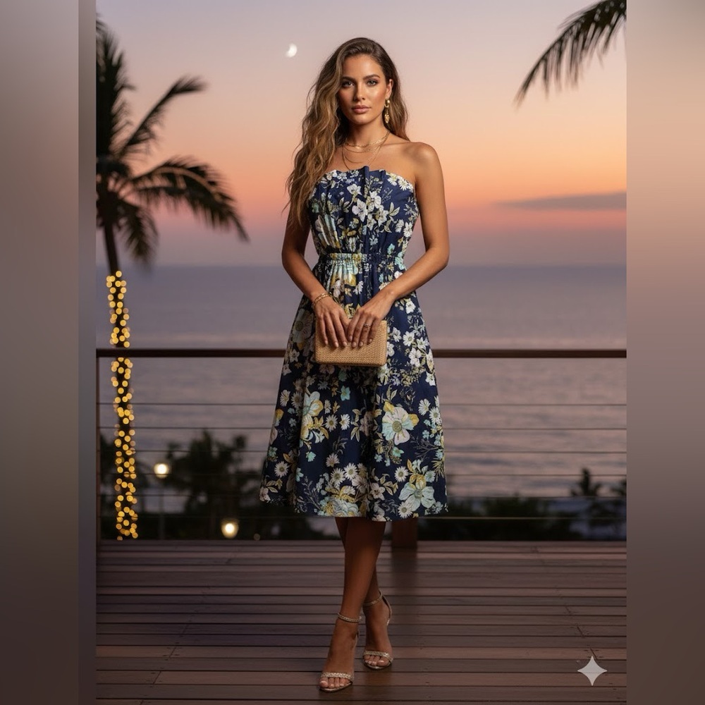 Anthropologie Navy Floral Strapless Sundress with Pockets